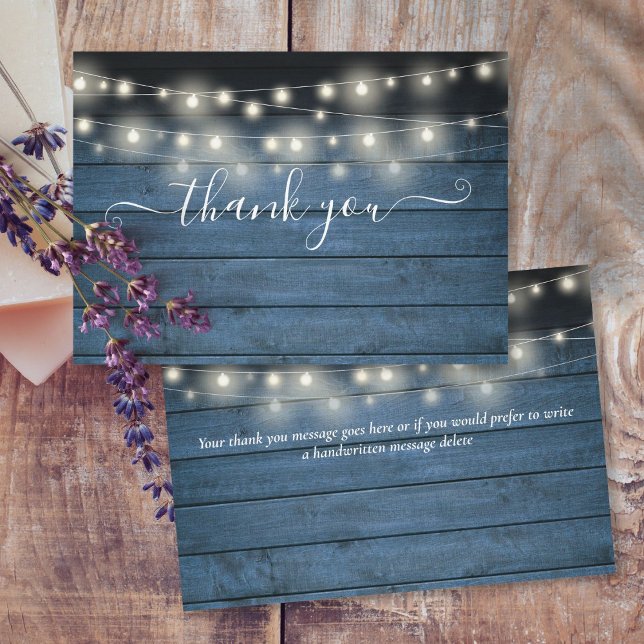 Blue Rustic Wood String Lights Script Wedding Thank You Card (Creator Uploaded)
