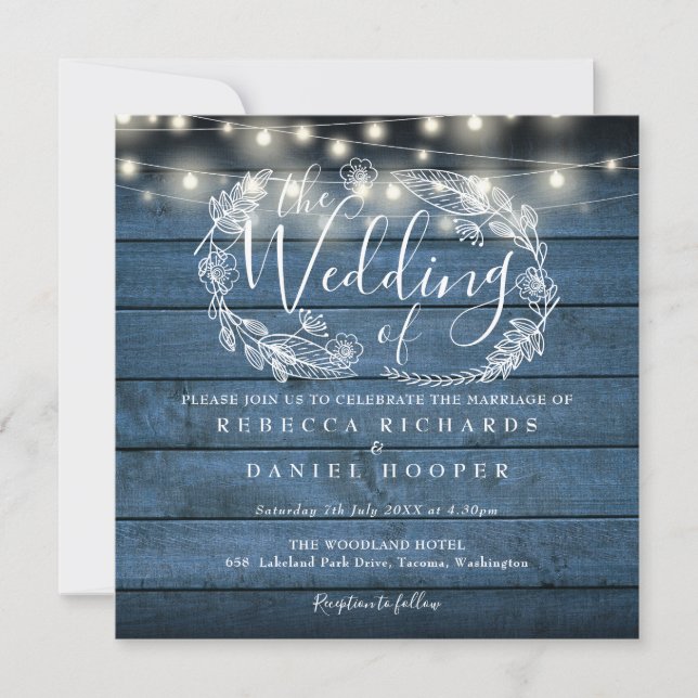 Blue Rustic Wood String Lights Square Wedding Invitation (Front)