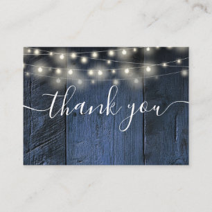 Blue Rustic Wood String Lights Wedding Thank You Place Card