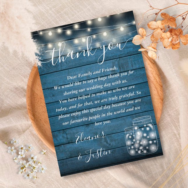 Blue Rustic Wood String Lights Wedding Thank You Place Card (Creator Uploaded)