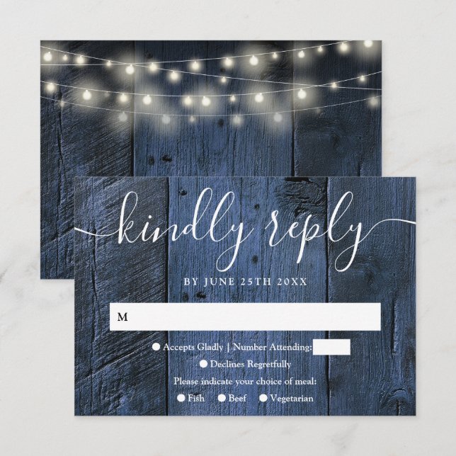 Blue Rustic Wood String Lights Western Wedding RSVP Card (Front/Back)