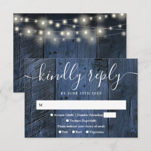 Blue Rustic Wood String Lights Western Wedding RSVP Card