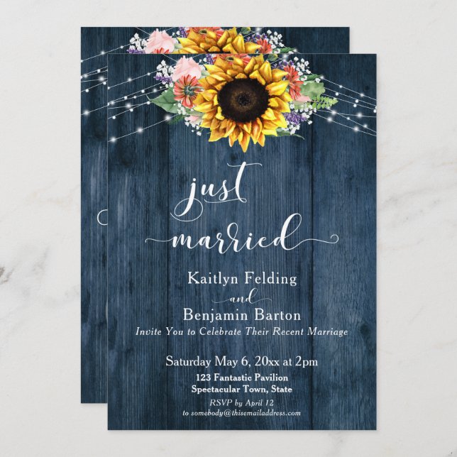 Blue Rustic Wood Sunflower Lights Just Married Invitation (Front/Back)