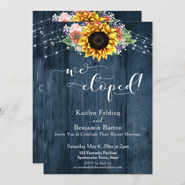 Blue Rustic Wood Sunflower Lights We Eloped Invitation (Front/Back)