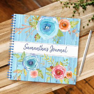 Blue rustic wood watercolor floral custom square notebook