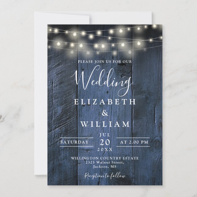 Blue Rustic Wood Wedding String Lights QR Code Invitation (Front)