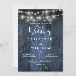 Blue Rustic Wood Wedding String Lights QR Code Invitation