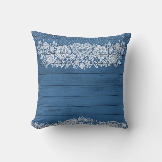 Blue Rustic Wood & White Lace Lacy Farmhouse Chic Cushion (Front)