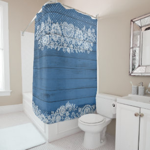 Blue Rustic Wood & White Lace Lacy Farmhouse Shower Curtain