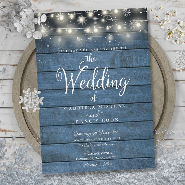 Blue Rustic Wood Winter Snow String Lights Wedding Invitation (Creator Uploaded)