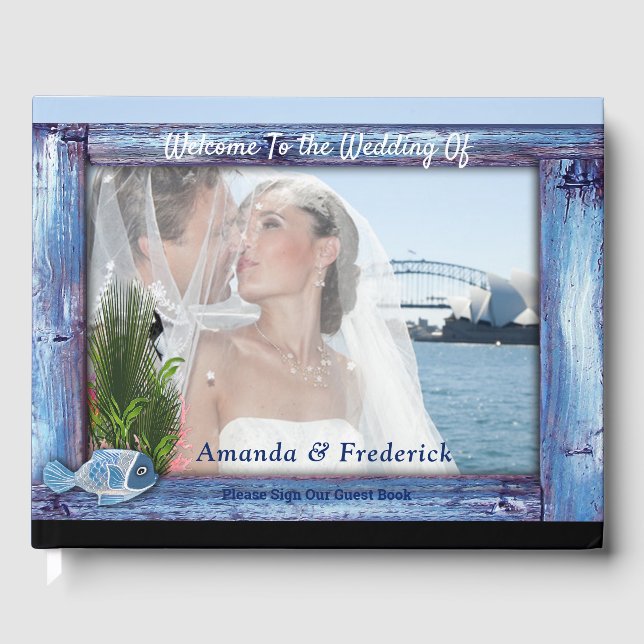 Blue Rustic Wooded Frame& Fish Guest Book (Front)