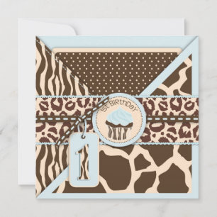 Blue Safari Animal Print & Cupcake First Birthday Invitation