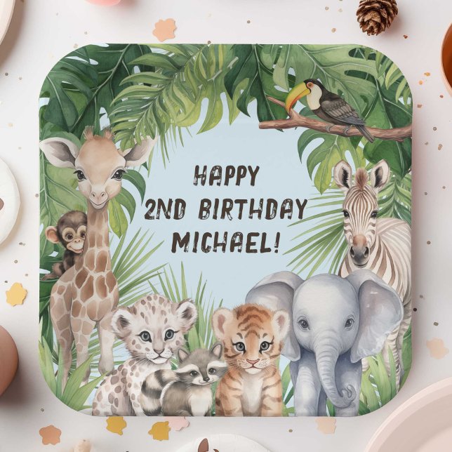 Blue Safari Animal Themed baby boy 2nd birthday Paper Plate (Blue Two Wild Boy 2nd Birthday party paper plates, Safari Themed Jungle animals birthday plate.)