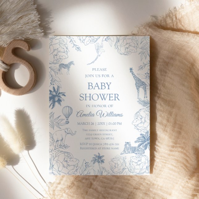 Blue Safari Animals Elegant Jungle Baby Shower Invitation (Creator Uploaded)