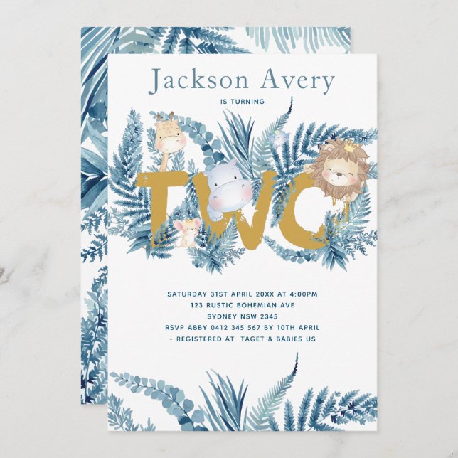 Blue Safari Animals Second Birthday Invitation (Front/Back)