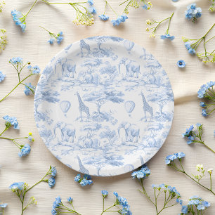 Blue Safari Animals Toile de Jouy Baby shower Paper Plate