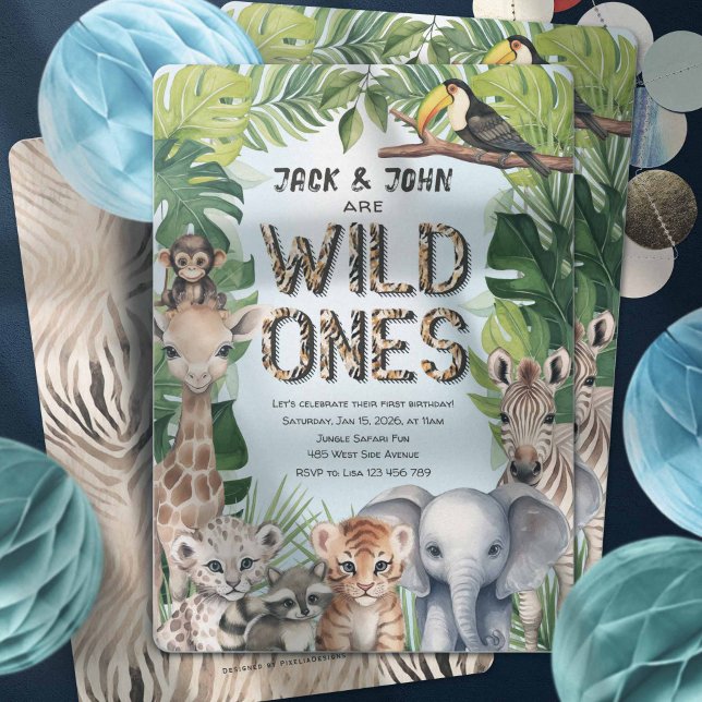 Blue Safari animals, Twins Wild one 1st birthday Invitation (Twins blue wild one, safari themed 1st birthday invitation. Jungle animals first birthday invites.)