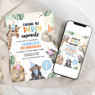 Blue Safari Jungle Animals Boys Birthday Invitation