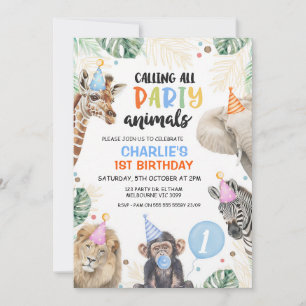 Blue Safari Jungle Animals Boys Birthday Invitation