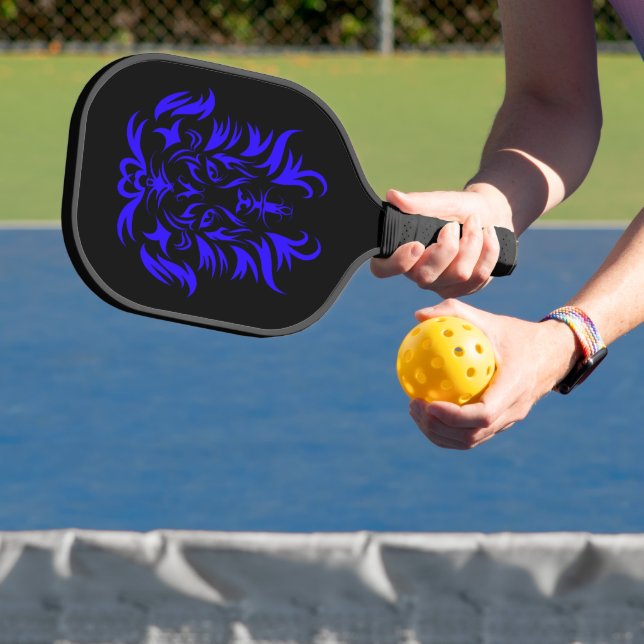 Blue Safari Lion Head Tribal Art Pickleball Paddle (Insitu)