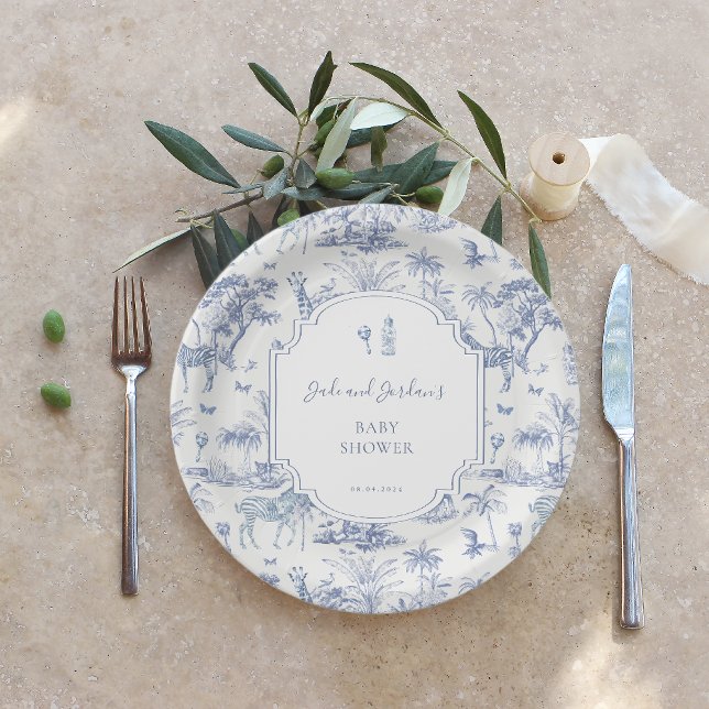 Blue Safari Toile de Jouy | Baby Shower Paper Plate (Creator Uploaded)