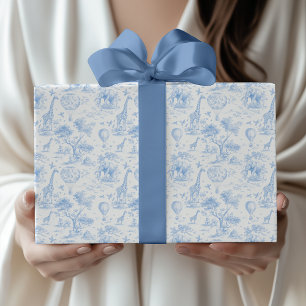 Blue Safari Toile de Jouy Baby Shower Wrapping Paper