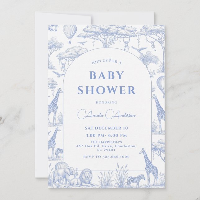 blue Safari Toile De Jouy Boy Baby Shower  Invitation (Front)