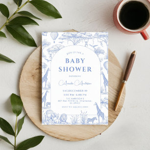 blue Safari Toile De Jouy Boy Baby Shower  Invitation
