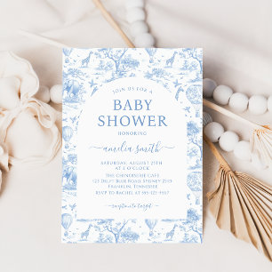 Blue Safari Toile De Jouy Boy Baby Shower Invitation