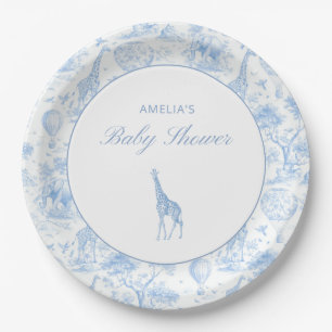 Blue Safari Toile De Jouy Boy Baby Shower Paper Plate