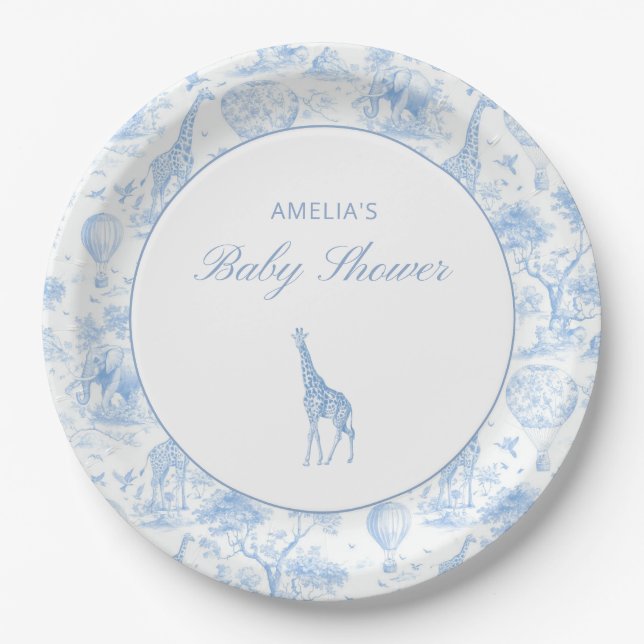 Blue Safari Toile De Jouy Boy Baby Shower Paper Plate (Front)