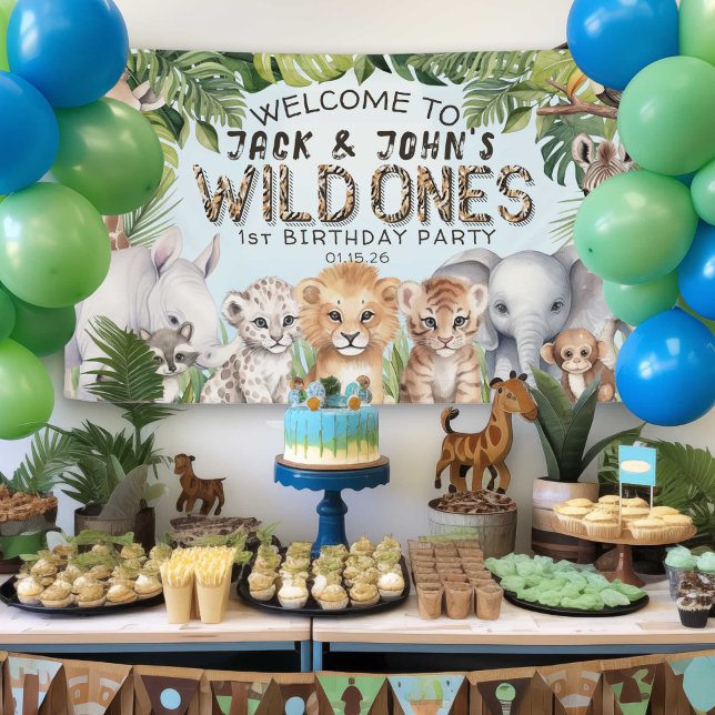 Blue Safari Twins Wild Ones 1st Birthday Welcome Banner (Twins Wild one 1st birthday celebration, BLue Jungle animals themed boy first birthday welcome sign)