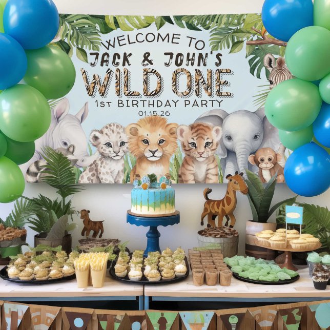 Blue Safari Twins Wild Ones 1st Birthday Welcome Banner (Blue Wild One 1st birthday banner and backdrop.)