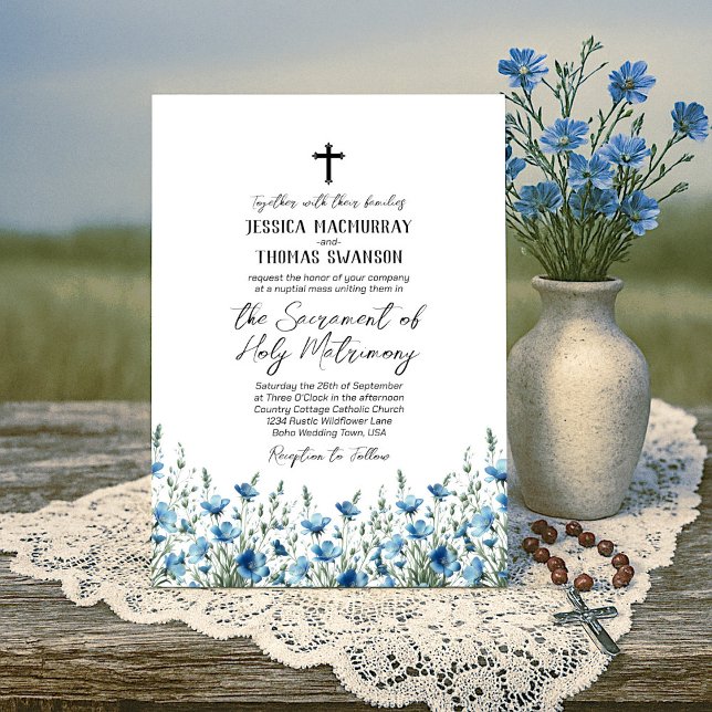 Blue & Sage Boho Chic Wildflowers Catholic Wedding Invitation (Creator Uploaded)