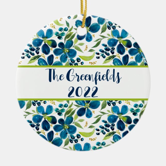 Blue Sage Floral Customisable Ceramic Ornament (Front)