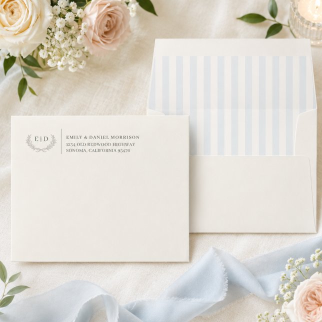 Blue & Sage Green Striped Monogram Self Addressed Envelope (Creator Uploaded)