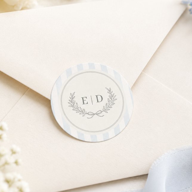 Blue & Sage Green Striped Monogram Wedding Classic Round Sticker (Creator Uploaded)