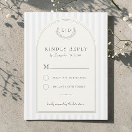 Blue & Sage Green Striped Monogram Wedding RSVP Card