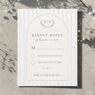 Blue & Sage Green Striped Monogram Wedding RSVP Card