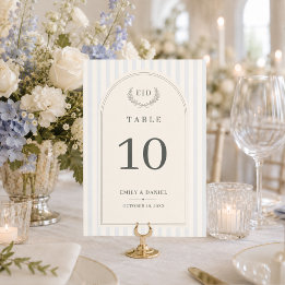 Blue & Sage Green Striped Monogram Wedding Table Number