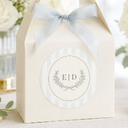 Blue & Sage Striped Monogram Wedding Classic Round Sticker