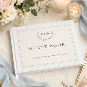 Blue & Sage Striped Monogram Wedding Guest Book