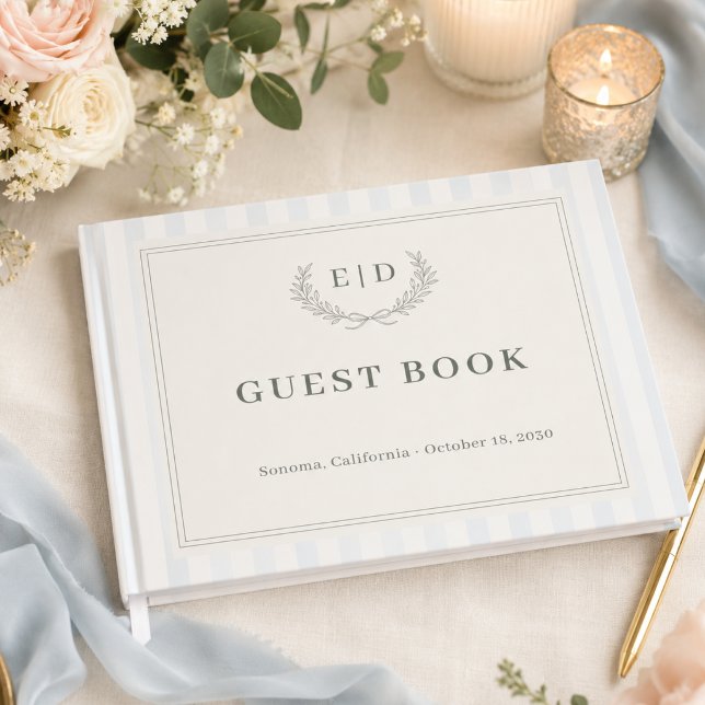 Blue & Sage Striped Monogram Wedding Guest Book (Creator Uploaded)
