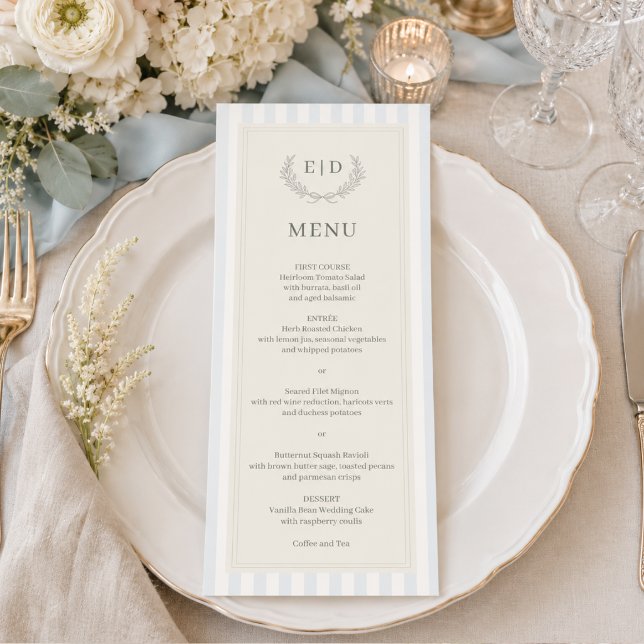 Blue & Sage Striped Monogram Wedding Menu (Creator Uploaded)