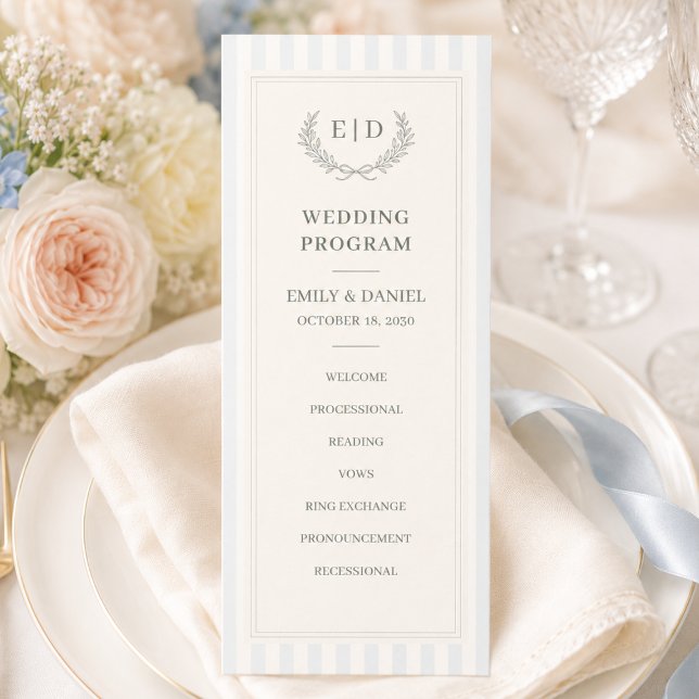 Blue & Sage Striped Monogram Wedding Program (Creator Uploaded)