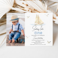 Blue Sail Boat Photo Sailing Into One 1st Birthday