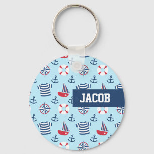Blue Sailboat Anchor Nautical Theme Pattern Key Ring