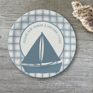 Blue Sailboat Boy Nautical Baby Shower Paper Plate