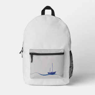 Blue sailboat floating in the ocean with waves printed backpack