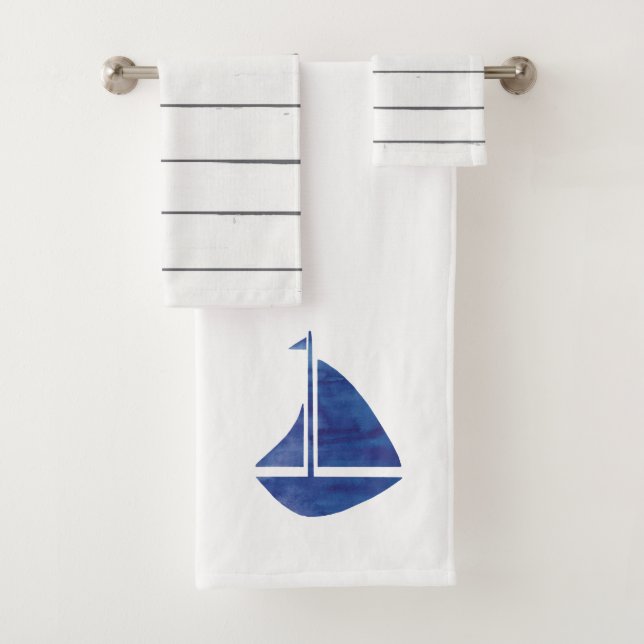 Blue Sailboat Nautical Bath Towel Set (Insitu)
